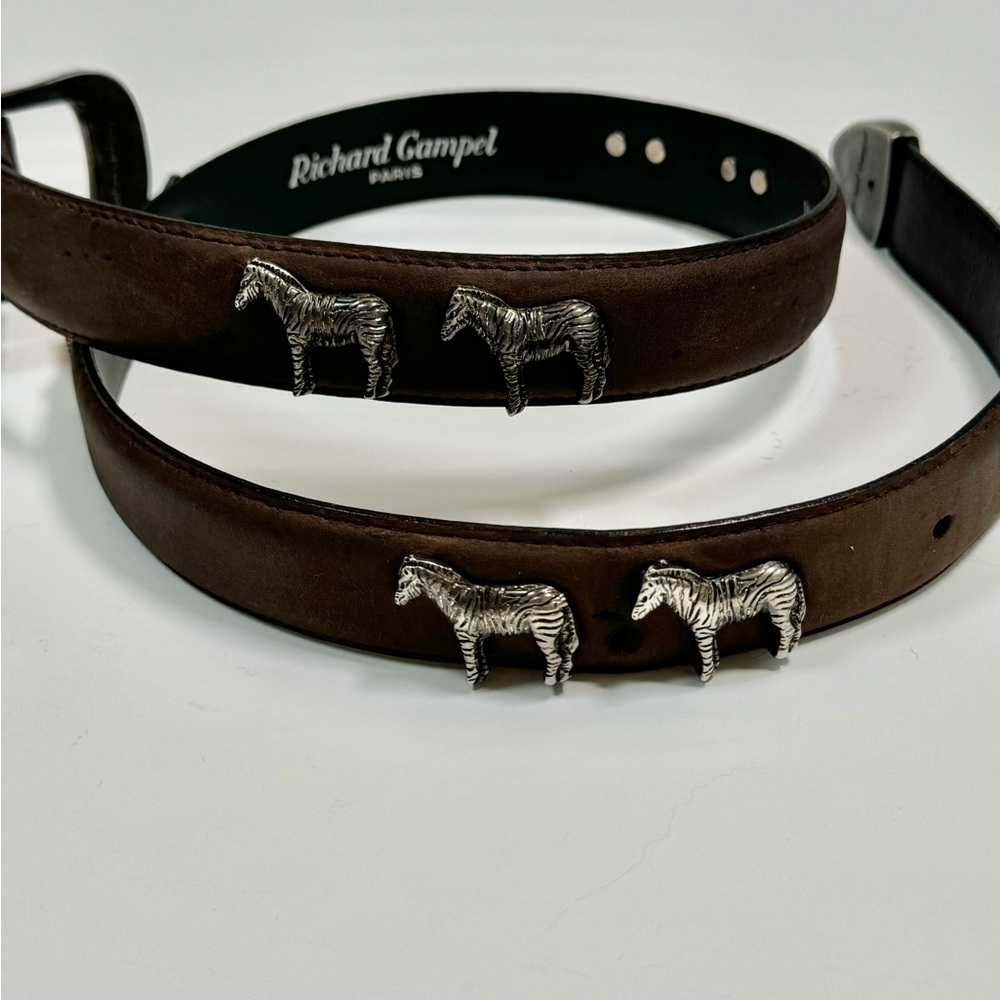 Richard Gampel Paris Brown Vachette Veritable Belt size 80 Leather Silver Zebra